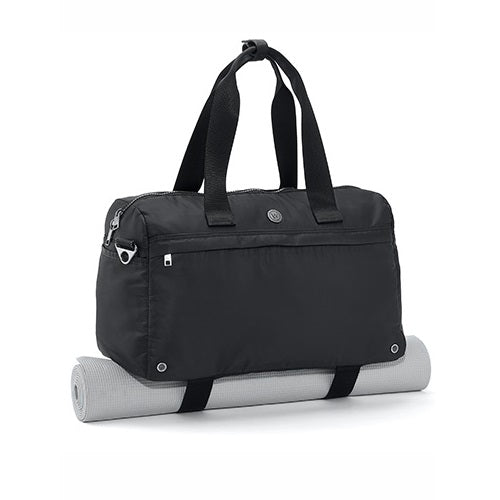 black duffle bag with yoga mat holder